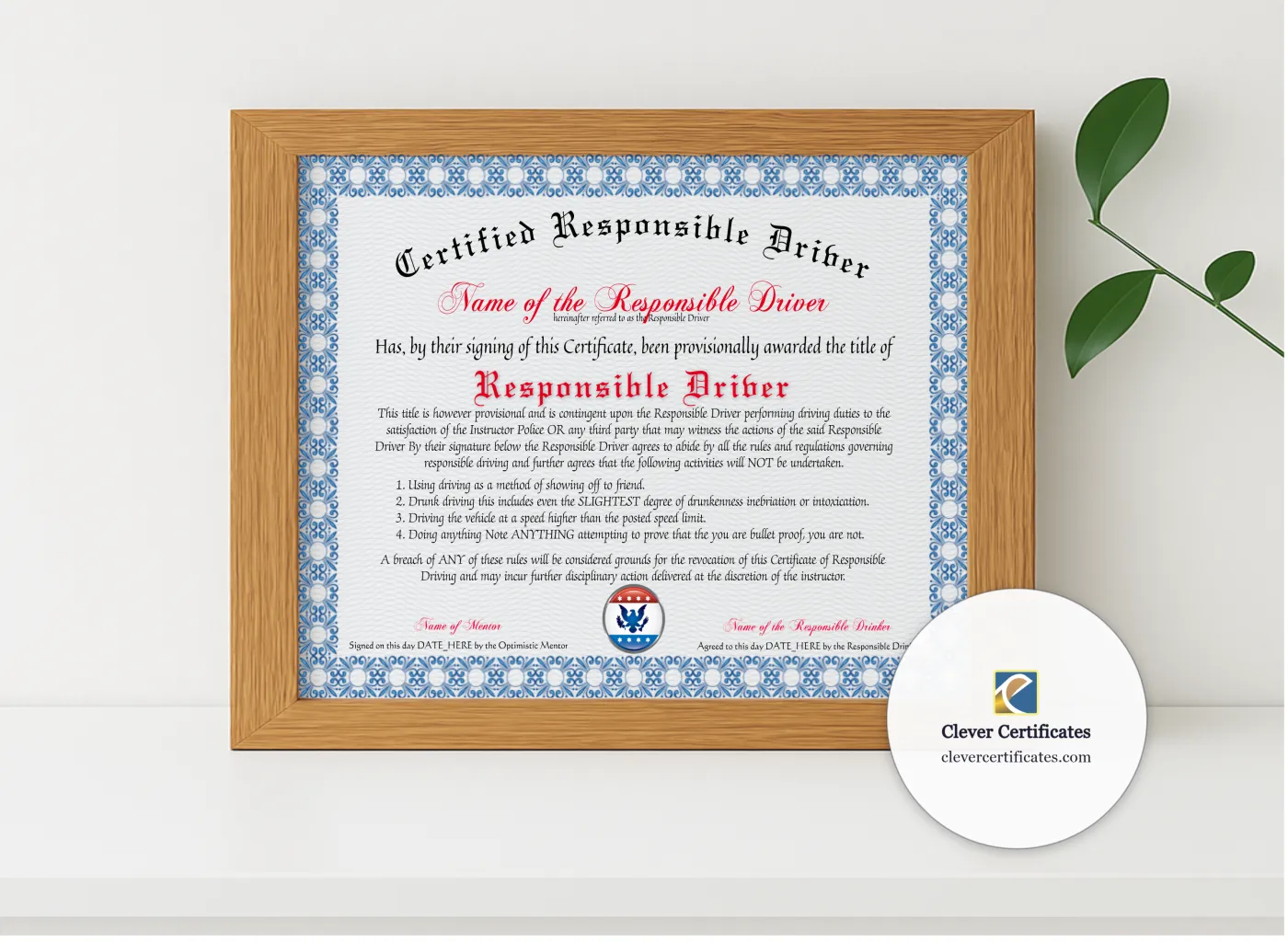 Realistic mockup featuring Certified Responsible Driver displayed within a modern frame, set against a minimalistic background.