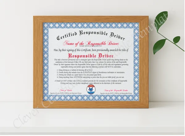 Realistic mockup featuring Certified Responsible Driver displayed within a modern frame, set against a minimalistic background.