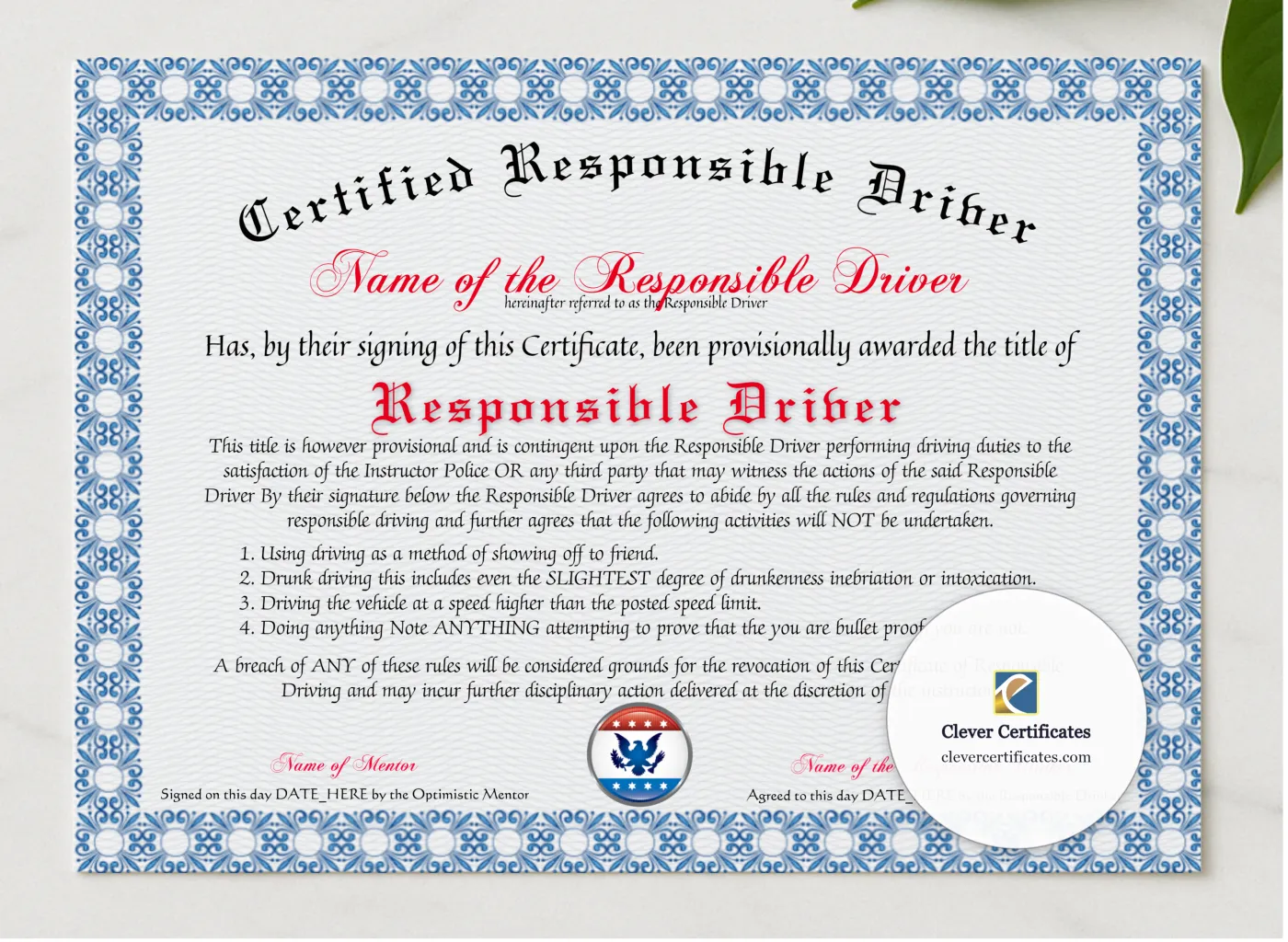 Certified Responsible Driver presented in a sleek wooden frame, elegantly arranged on a stylish table.
