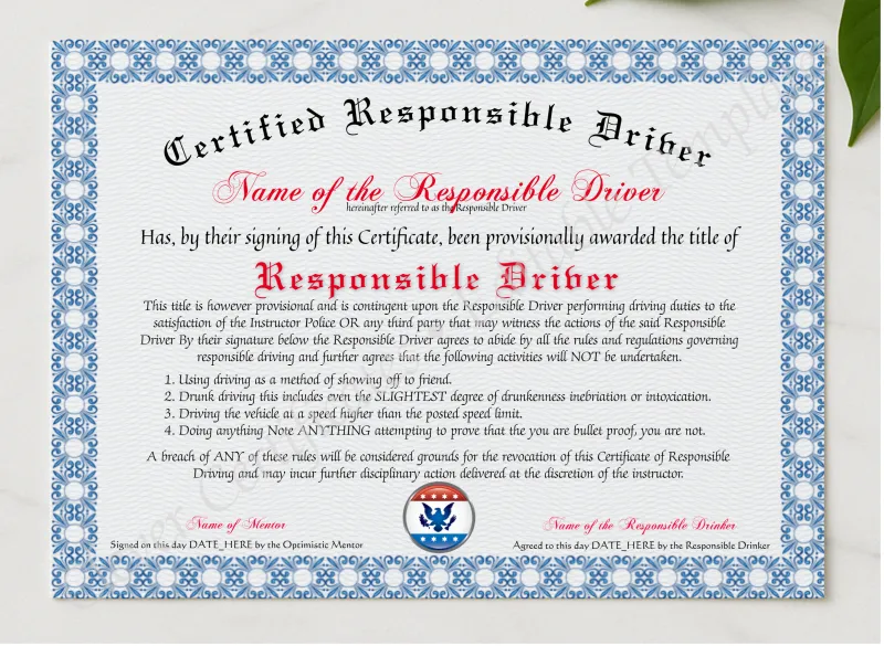 Certified Responsible Driver presented in a sleek wooden frame, elegantly arranged on a stylish table.