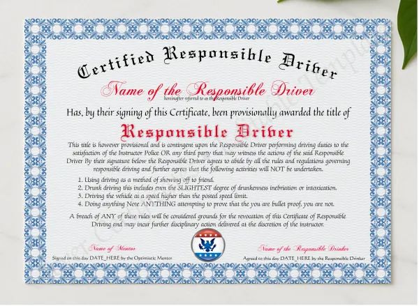 Certified Responsible Driver presented in a sleek wooden frame, elegantly arranged on a stylish table.