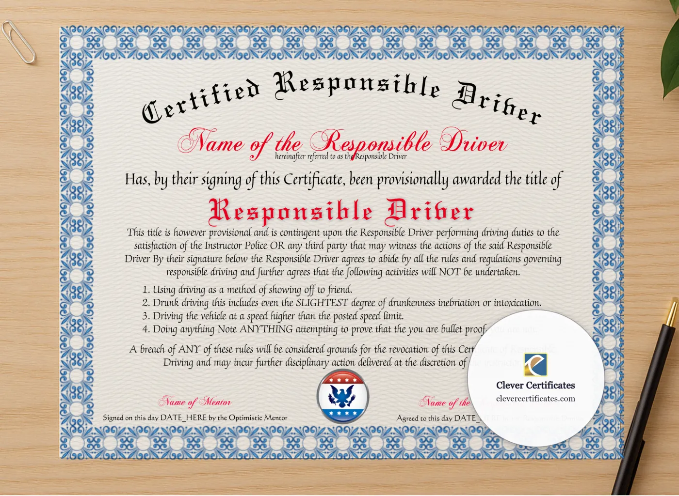 Professional preview of Certified Responsible Driver certificate on high-quality stationery paper, ideal for showcasing the final look.