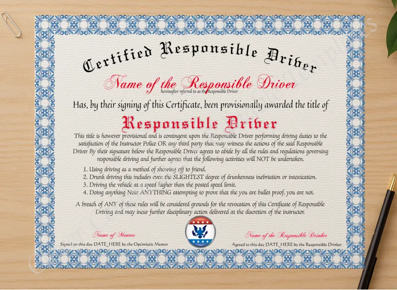 Professional preview of Certified Responsible Driver certificate on high-quality stationery paper, ideal for showcasing the final look.