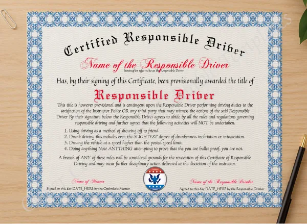 Professional preview of Certified Responsible Driver certificate on high-quality stationery paper, ideal for showcasing the final look.