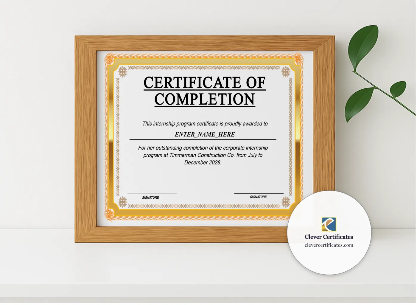 Realistic mockup featuring Corporate Internship Completion Certificate displayed within a modern frame, set against a minimalistic background.