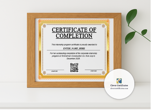 Realistic mockup featuring Corporate Internship Completion Certificate displayed within a modern frame, set against a minimalistic background.