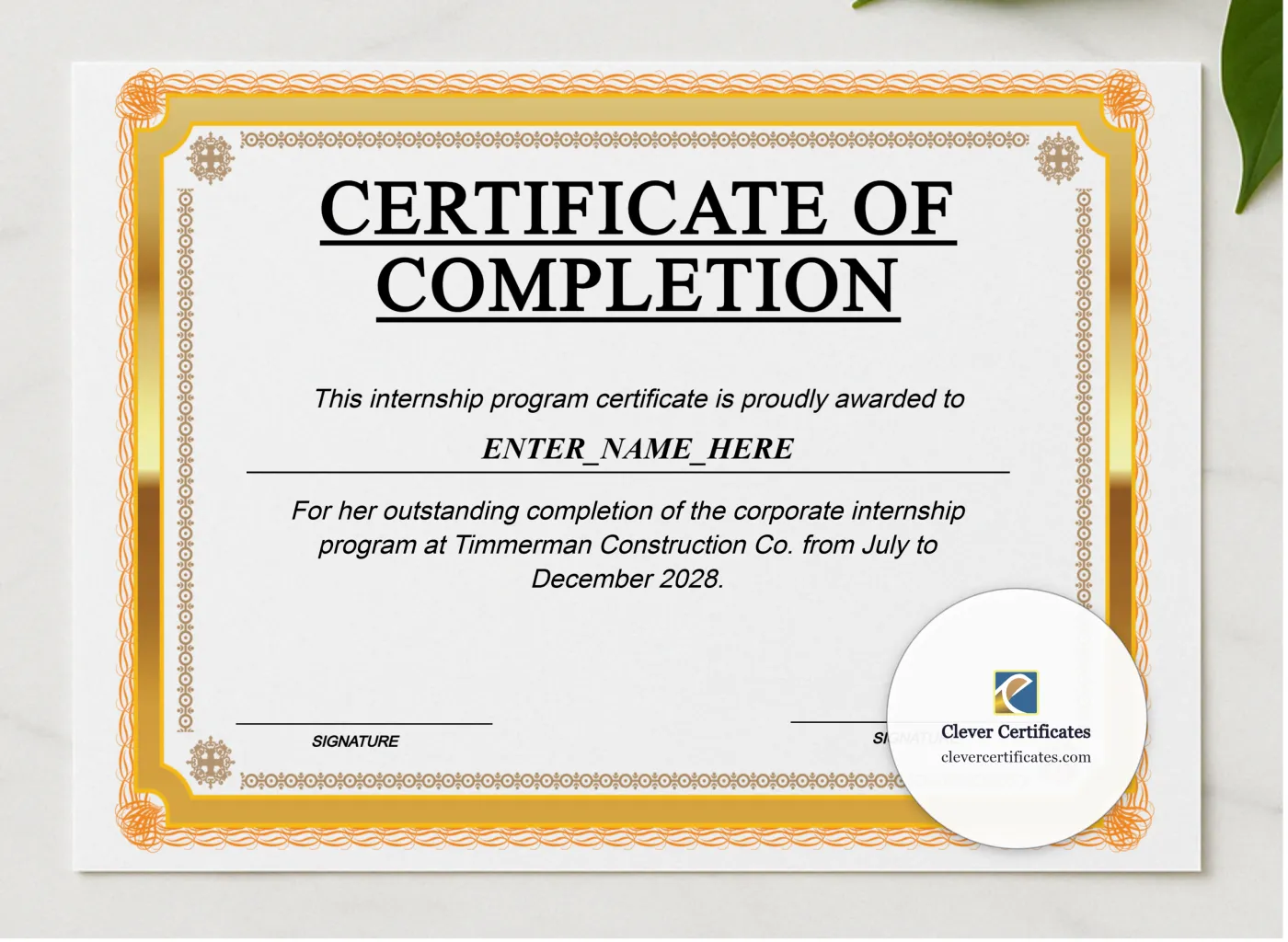 Corporate Internship Completion Certificate presented in a sleek wooden frame, elegantly arranged on a stylish table.