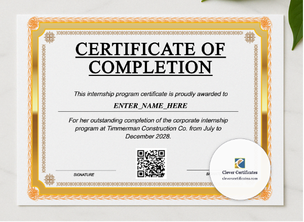 Corporate Internship Completion Certificate presented in a sleek wooden frame, elegantly arranged on a stylish table.