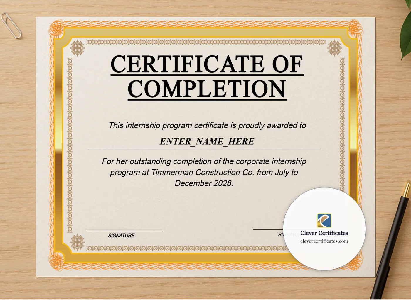 Professional preview of Corporate Internship Completion Certificate certificate on high-quality stationery paper, ideal for showcasing the final look.