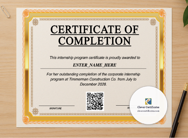Professional preview of Corporate Internship Completion Certificate certificate on high-quality stationery paper, ideal for showcasing the final look.