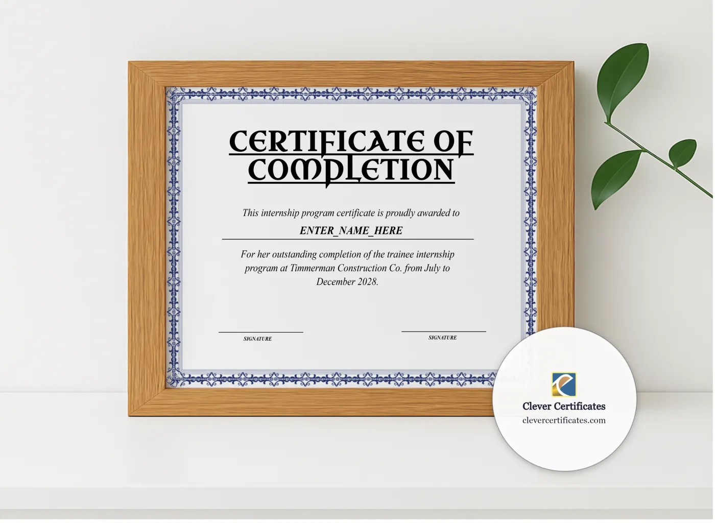 Realistic mockup featuring Student Internship Completion Certificate displayed within a modern frame, set against a minimalistic background.