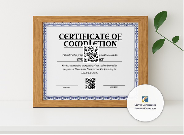 Realistic mockup featuring Student Internship Completion Certificate displayed within a modern frame, set against a minimalistic background.