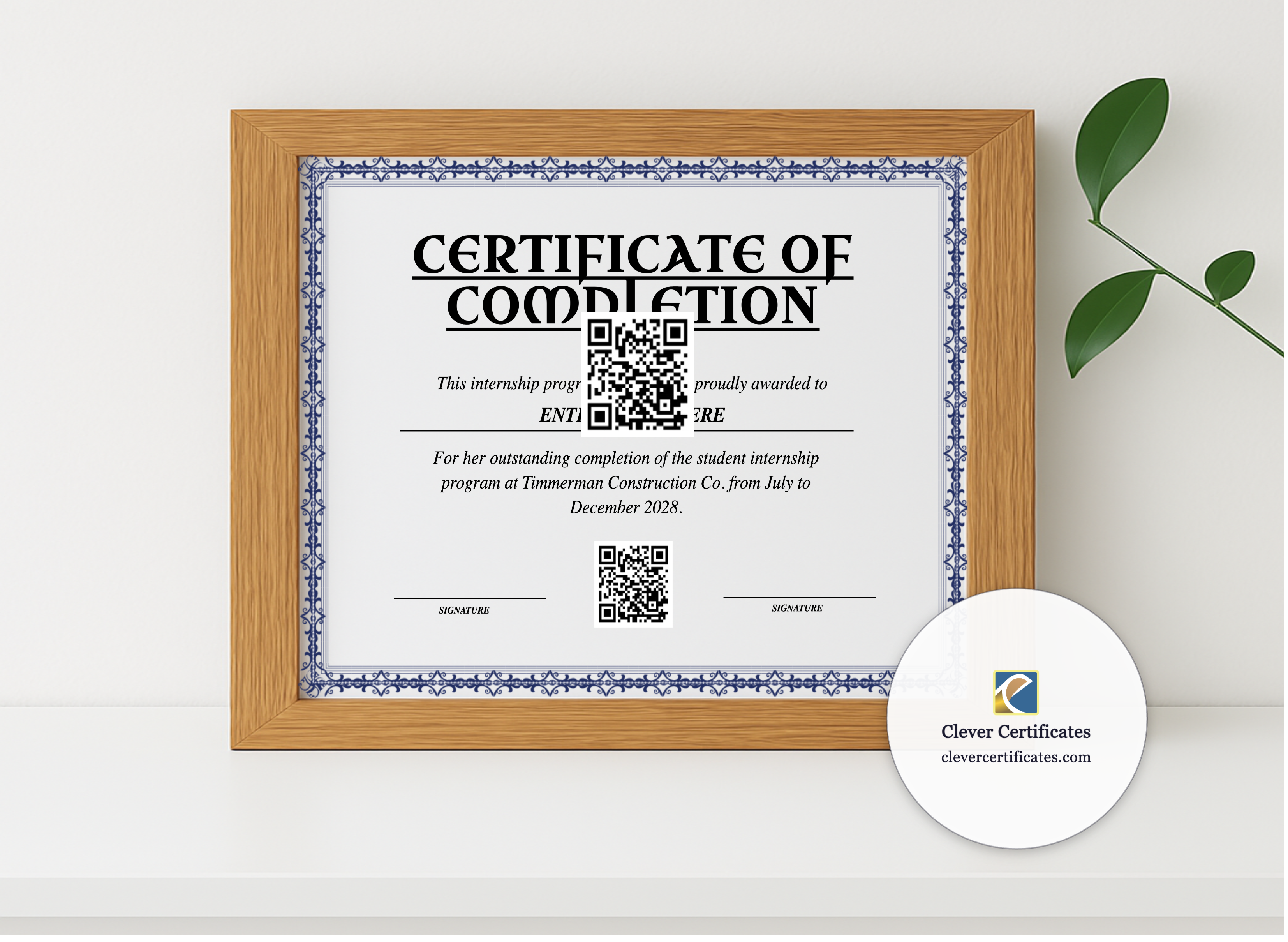 Realistic mockup featuring Student Internship Completion Certificate displayed within a modern frame, set against a minimalistic background.