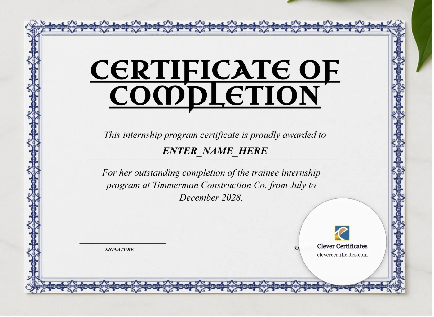 Student Internship Completion Certificate presented in a sleek wooden frame, elegantly arranged on a stylish table.