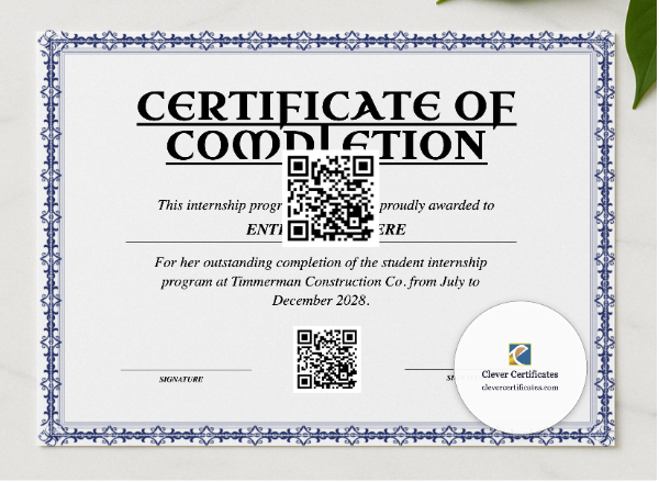 Student Internship Completion Certificate presented in a sleek wooden frame, elegantly arranged on a stylish table.