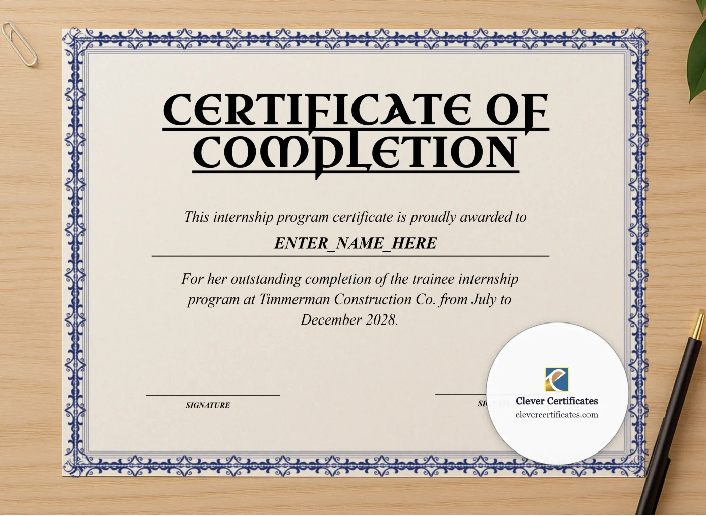 Professional preview of Student Internship Completion Certificate certificate on high-quality stationery paper, ideal for showcasing the final look.