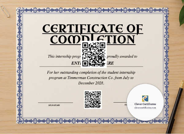 Professional preview of Student Internship Completion Certificate certificate on high-quality stationery paper, ideal for showcasing the final look.
