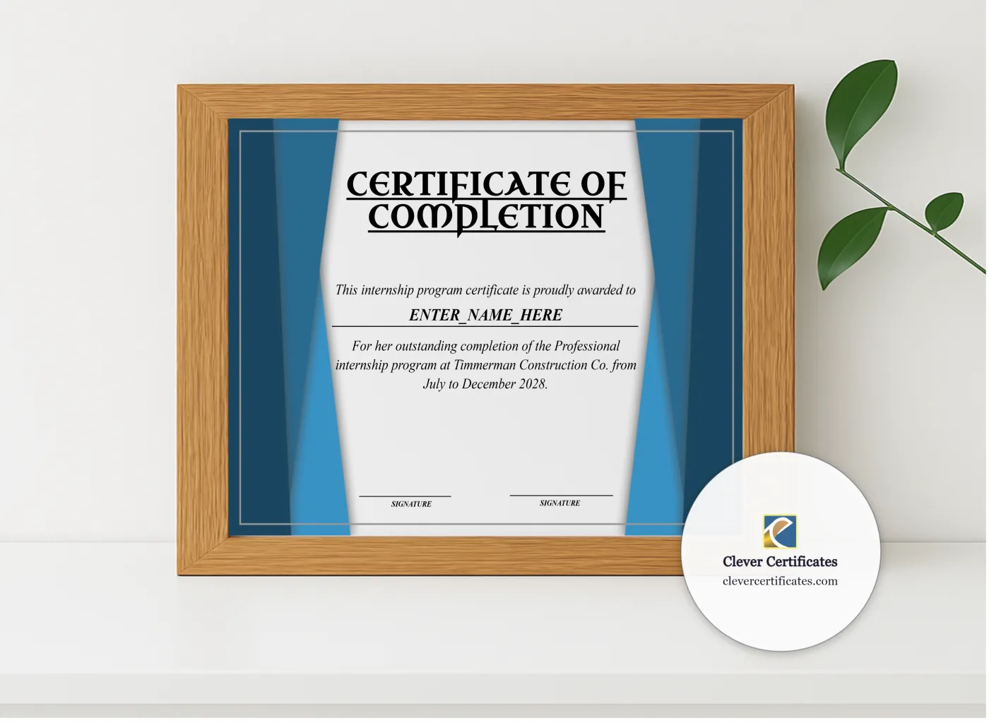 Realistic mockup featuring Professional Internship Certificate displayed within a modern frame, set against a minimalistic background.