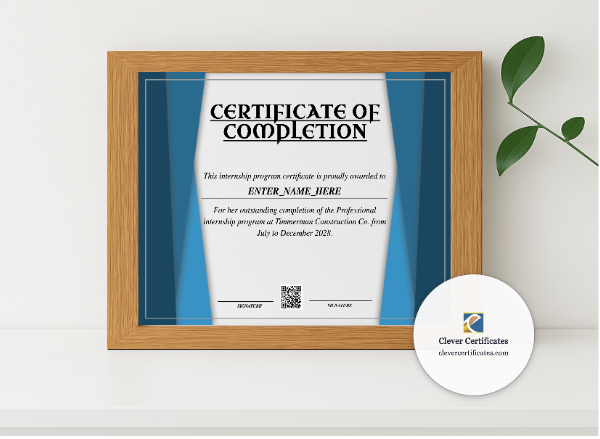 Realistic mockup featuring Professional Internship Certificate displayed within a modern frame, set against a minimalistic background.
