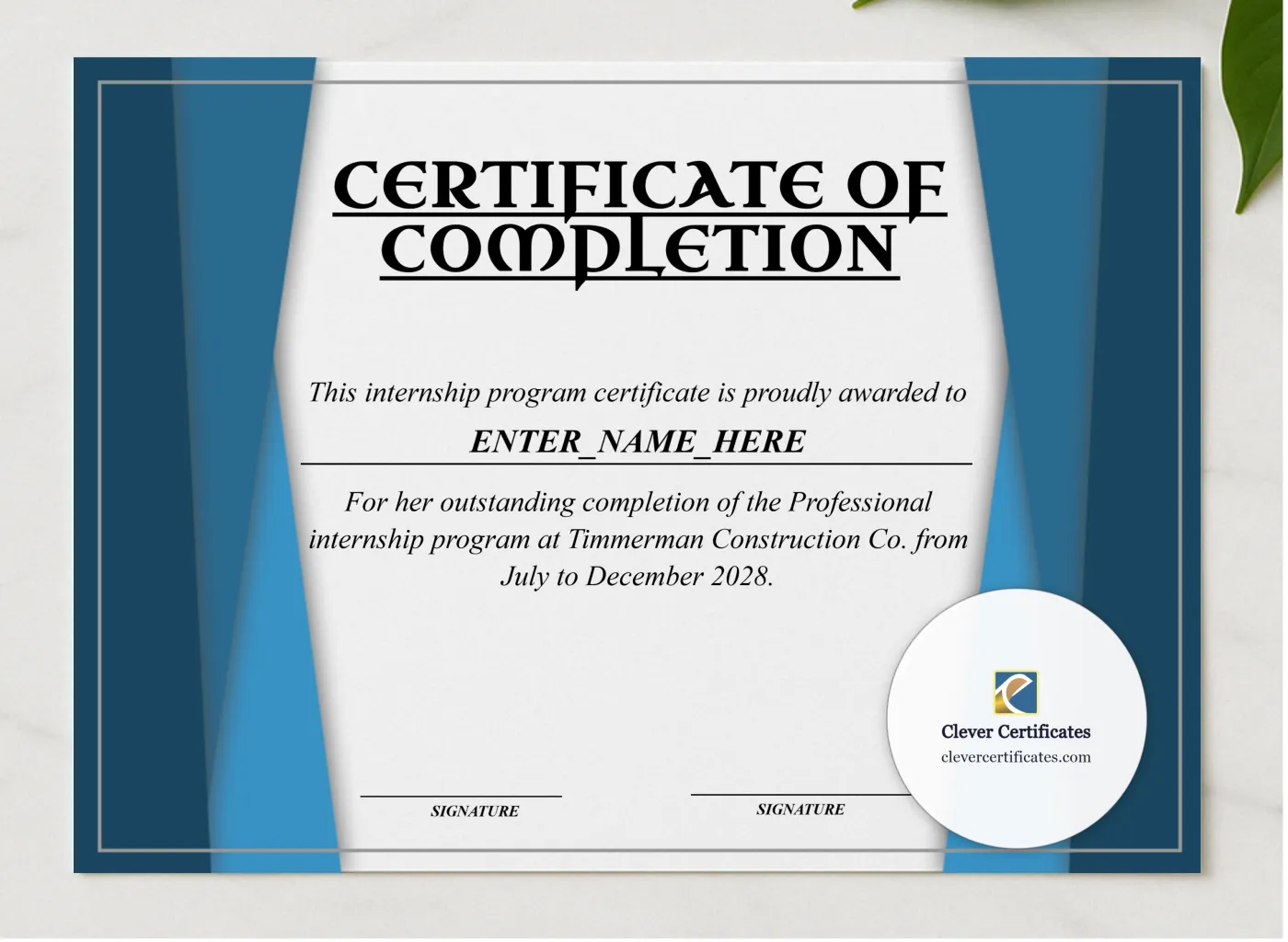 Professional Internship Certificate presented in a sleek wooden frame, elegantly arranged on a stylish table.