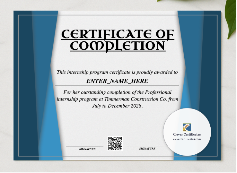 Professional Internship Certificate presented in a sleek wooden frame, elegantly arranged on a stylish table.