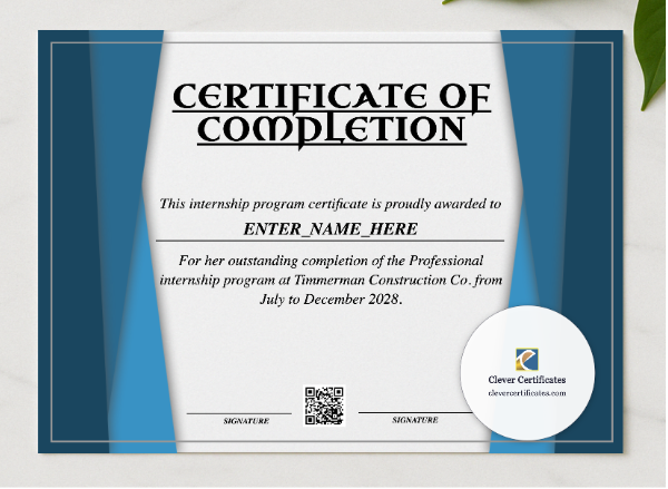 Professional Internship Certificate presented in a sleek wooden frame, elegantly arranged on a stylish table.