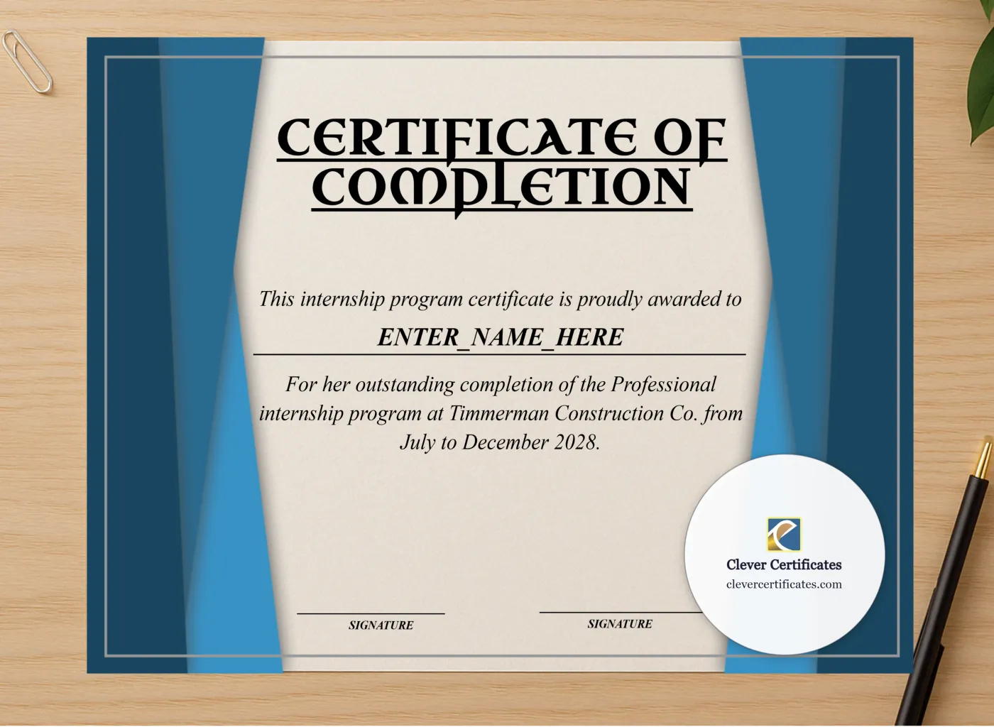 Professional preview of Professional Internship Certificate certificate on high-quality stationery paper, ideal for showcasing the final look.