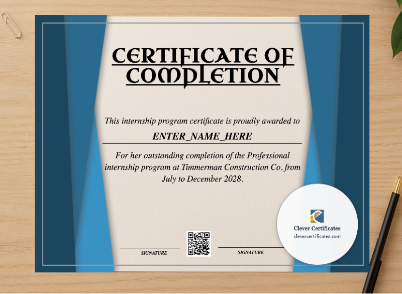 Professional preview of Professional Internship Certificate certificate on high-quality stationery paper, ideal for showcasing the final look.
