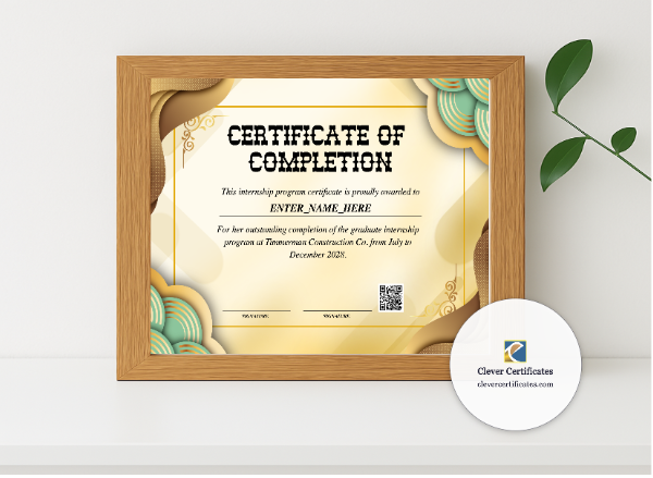 Realistic mockup featuring Graduate Internship Completion Certificate displayed within a modern frame, set against a minimalistic background.