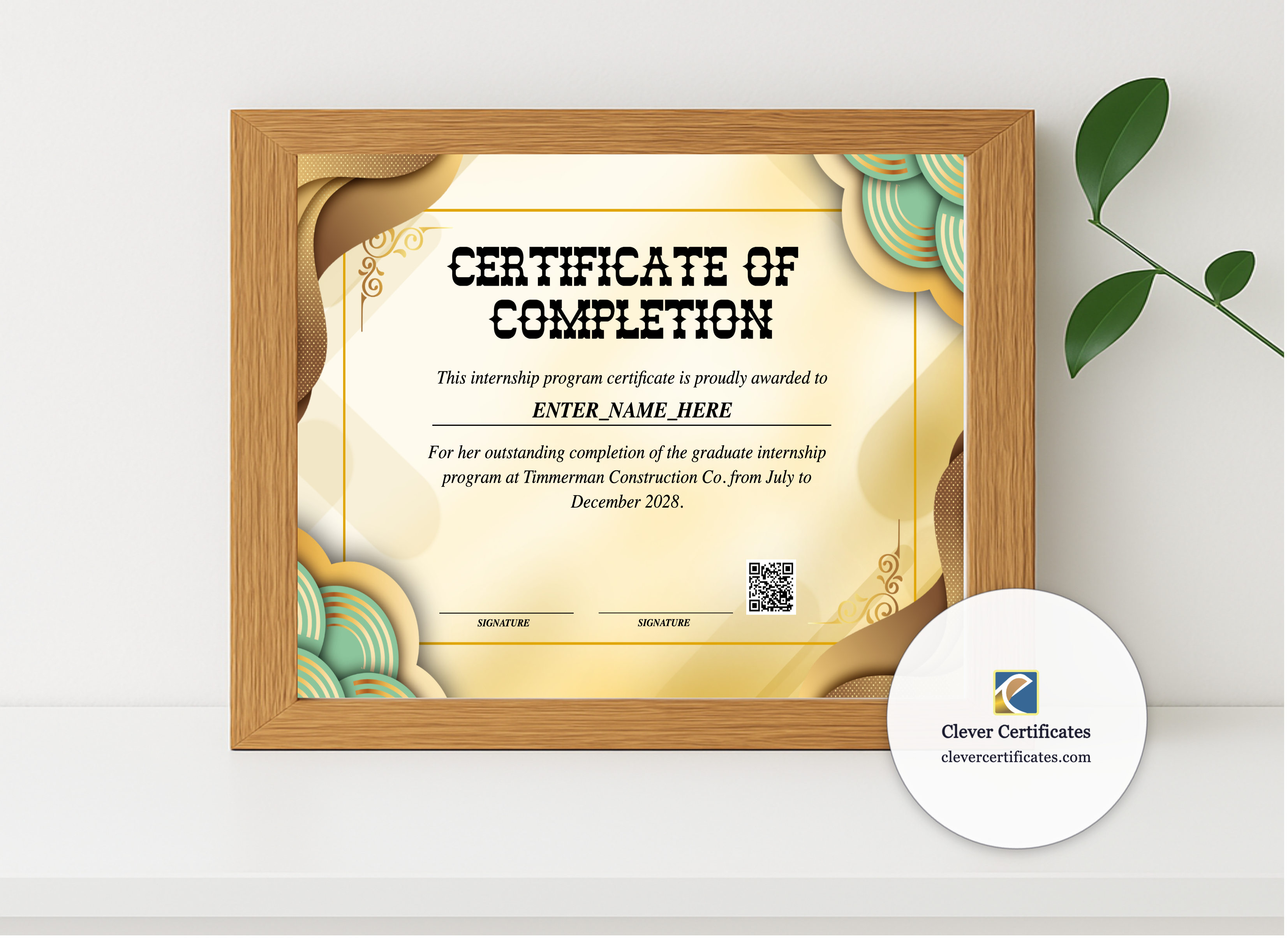 Realistic mockup featuring Graduate Internship Completion Certificate displayed within a modern frame, set against a minimalistic background.