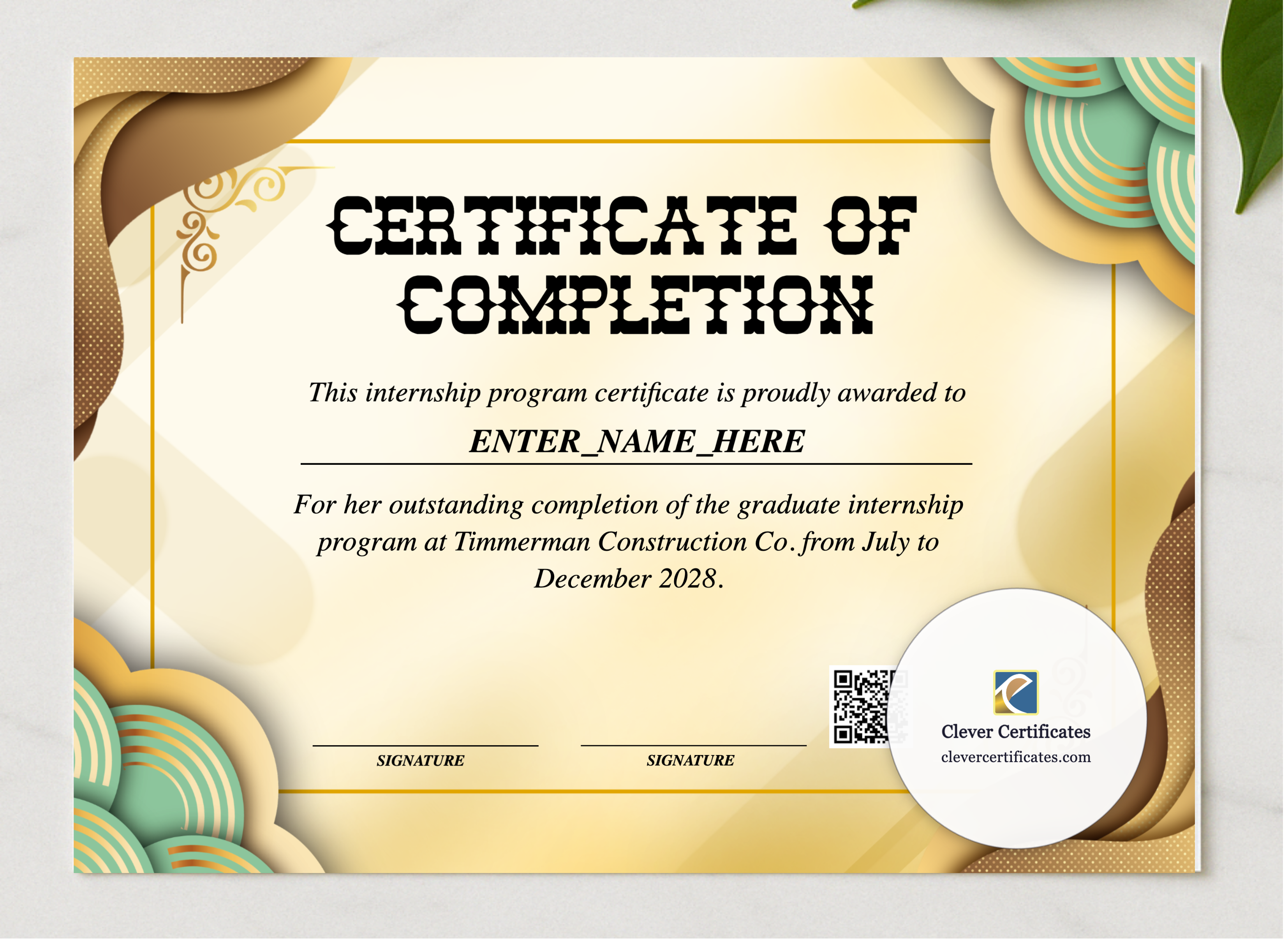 Graduate Internship Completion Certificate presented in a sleek wooden frame, elegantly arranged on a stylish table.