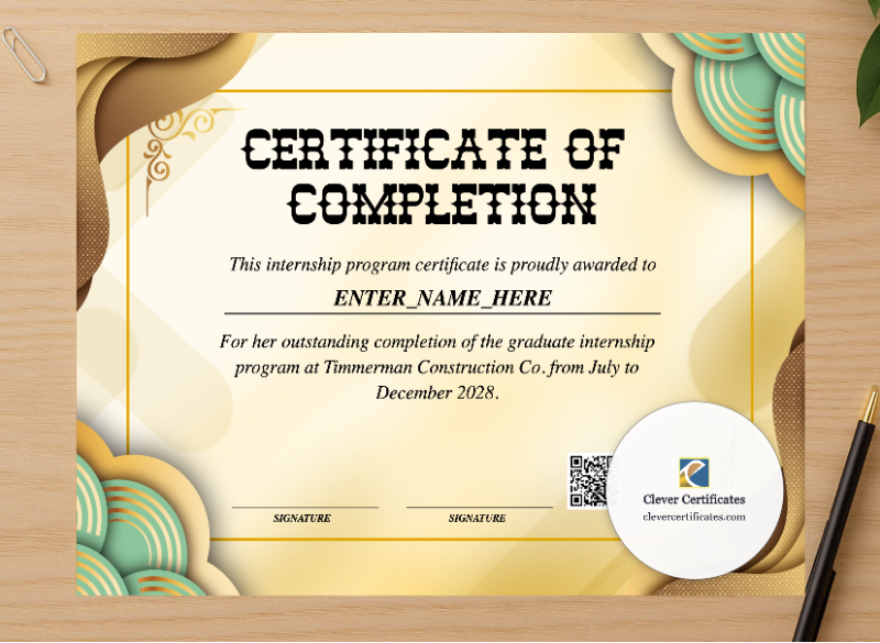 Professional preview of Graduate Internship Completion Certificate certificate on high-quality stationery paper, ideal for showcasing the final look.