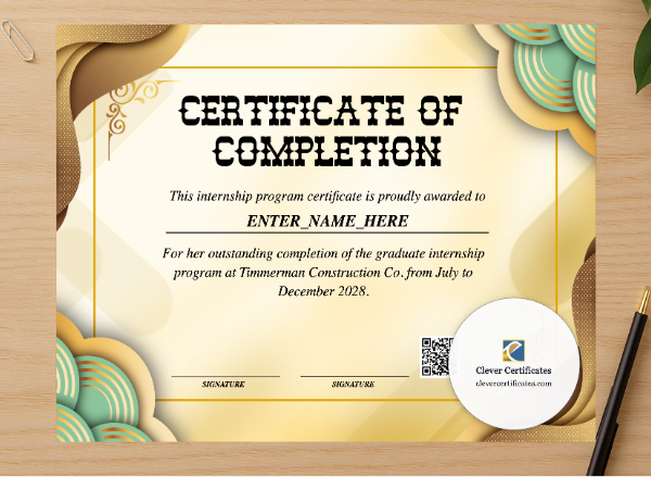 Professional preview of Graduate Internship Completion Certificate certificate on high-quality stationery paper, ideal for showcasing the final look.