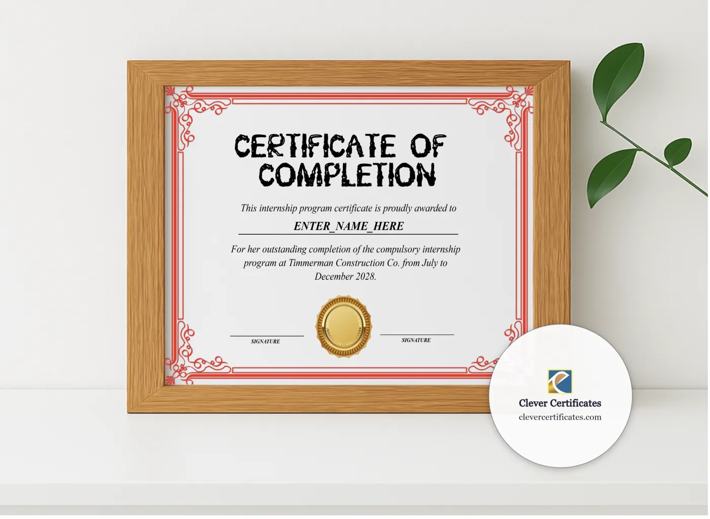 Realistic mockup featuring Internship Achievement Certificate displayed within a modern frame, set against a minimalistic background.
