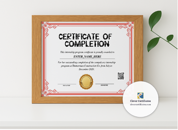 Realistic mockup featuring Internship Achievement Certificate displayed within a modern frame, set against a minimalistic background.