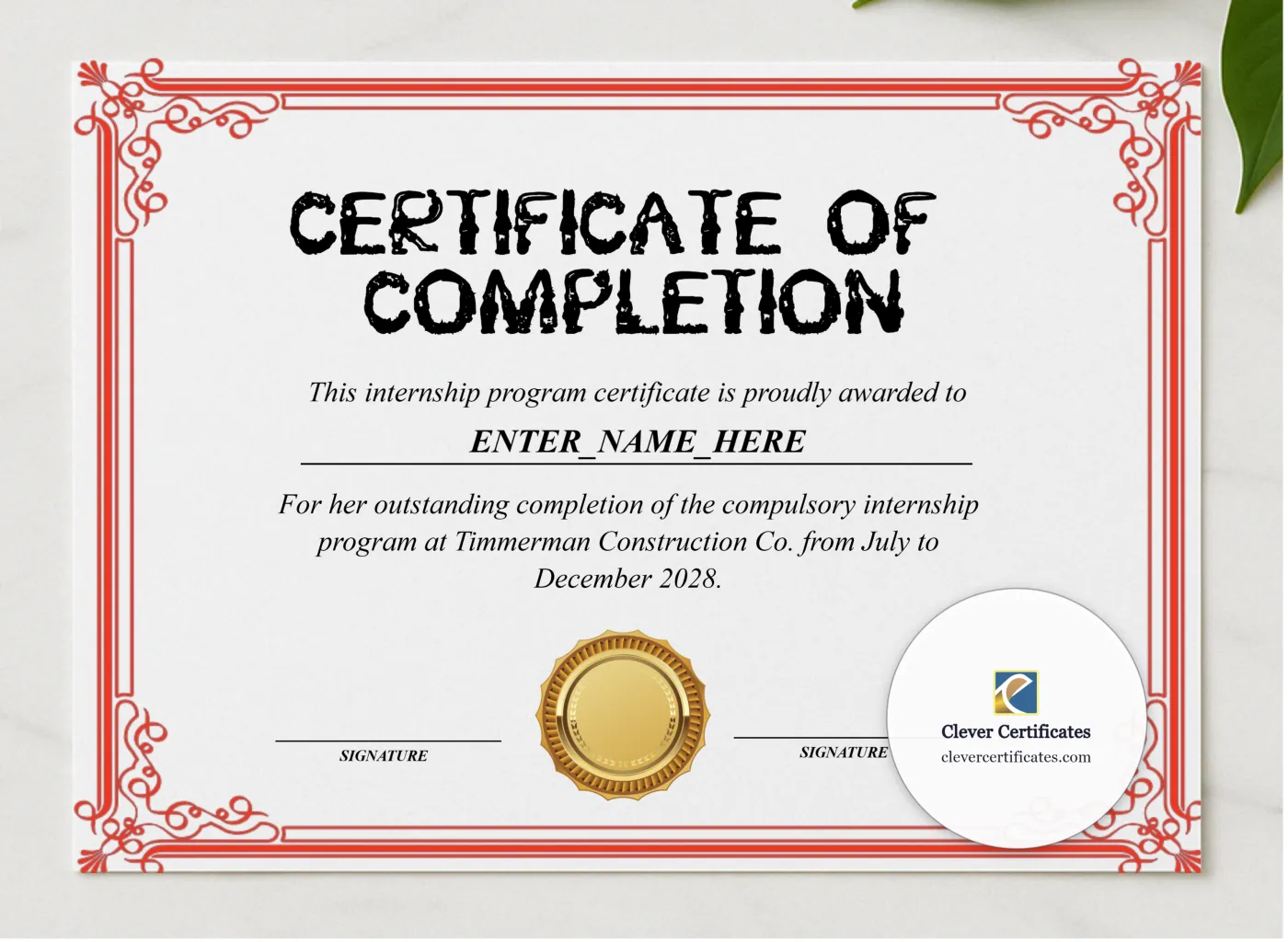 Internship Achievement Certificate presented in a sleek wooden frame, elegantly arranged on a stylish table.