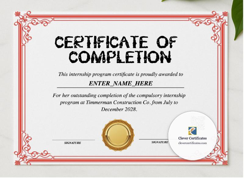 Internship Achievement Certificate presented in a sleek wooden frame, elegantly arranged on a stylish table.