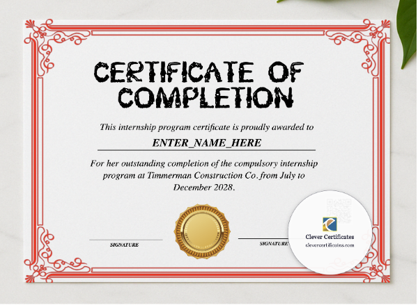 Internship Achievement Certificate presented in a sleek wooden frame, elegantly arranged on a stylish table.