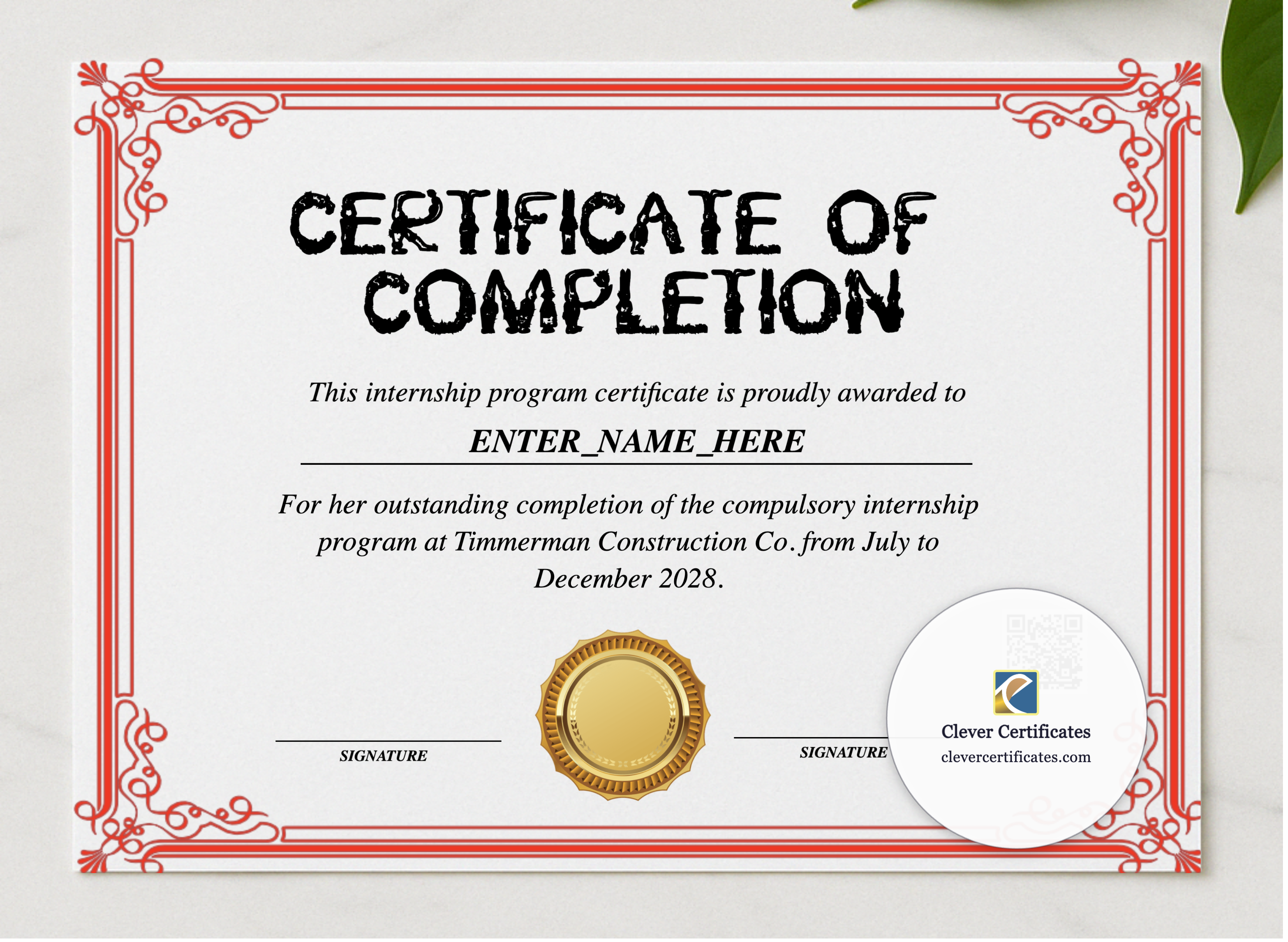 Internship Achievement Certificate presented in a sleek wooden frame, elegantly arranged on a stylish table.