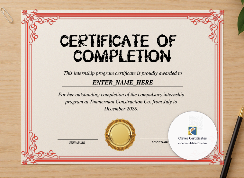 Professional preview of Internship Achievement Certificate certificate on high-quality stationery paper, ideal for showcasing the final look.