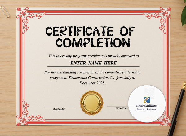 Professional preview of Internship Achievement Certificate certificate on high-quality stationery paper, ideal for showcasing the final look.