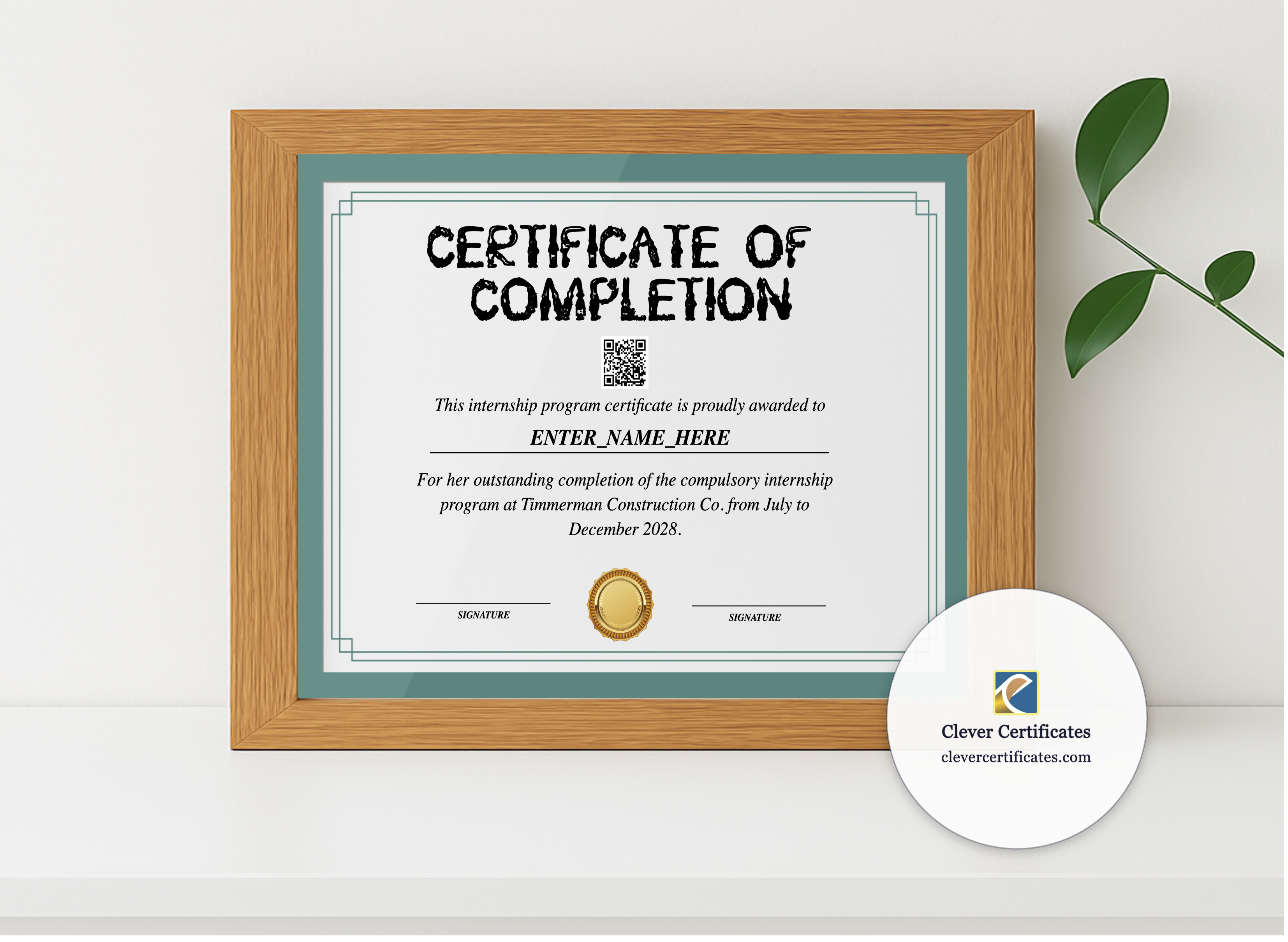 Realistic mockup featuring Internship Training Certificate displayed within a modern frame, set against a minimalistic background.
