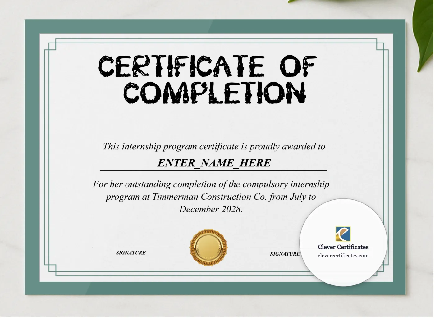 Internship Training Certificate presented in a sleek wooden frame, elegantly arranged on a stylish table.