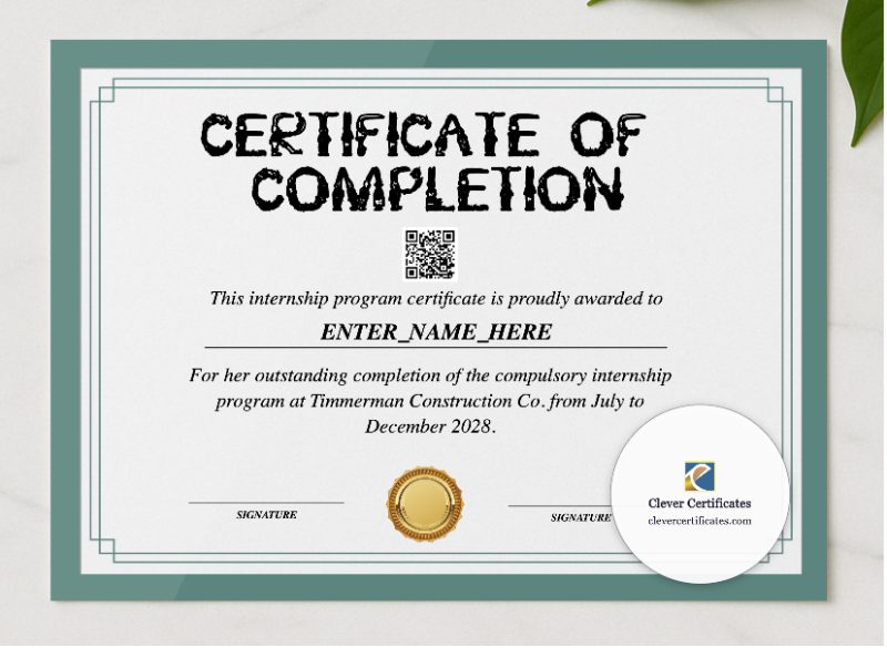Internship Training Certificate presented in a sleek wooden frame, elegantly arranged on a stylish table.