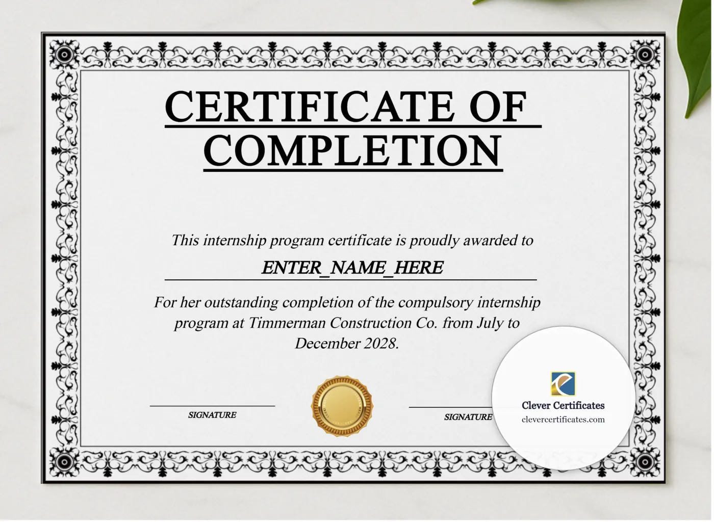 Paid Internship Completion Certificate presented in a sleek wooden frame, elegantly arranged on a stylish table.