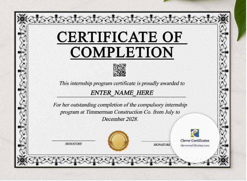 Paid Internship Completion Certificate presented in a sleek wooden frame, elegantly arranged on a stylish table.