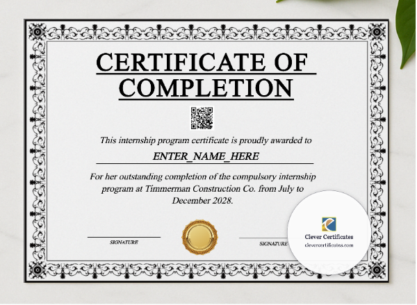 Paid Internship Completion Certificate presented in a sleek wooden frame, elegantly arranged on a stylish table.