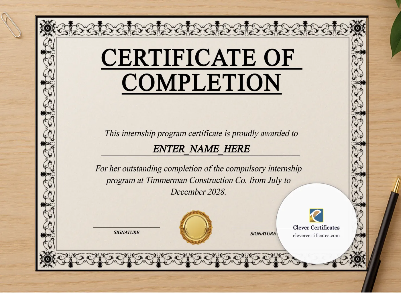 Professional preview of Paid Internship Completion Certificate certificate on high-quality stationery paper, ideal for showcasing the final look.