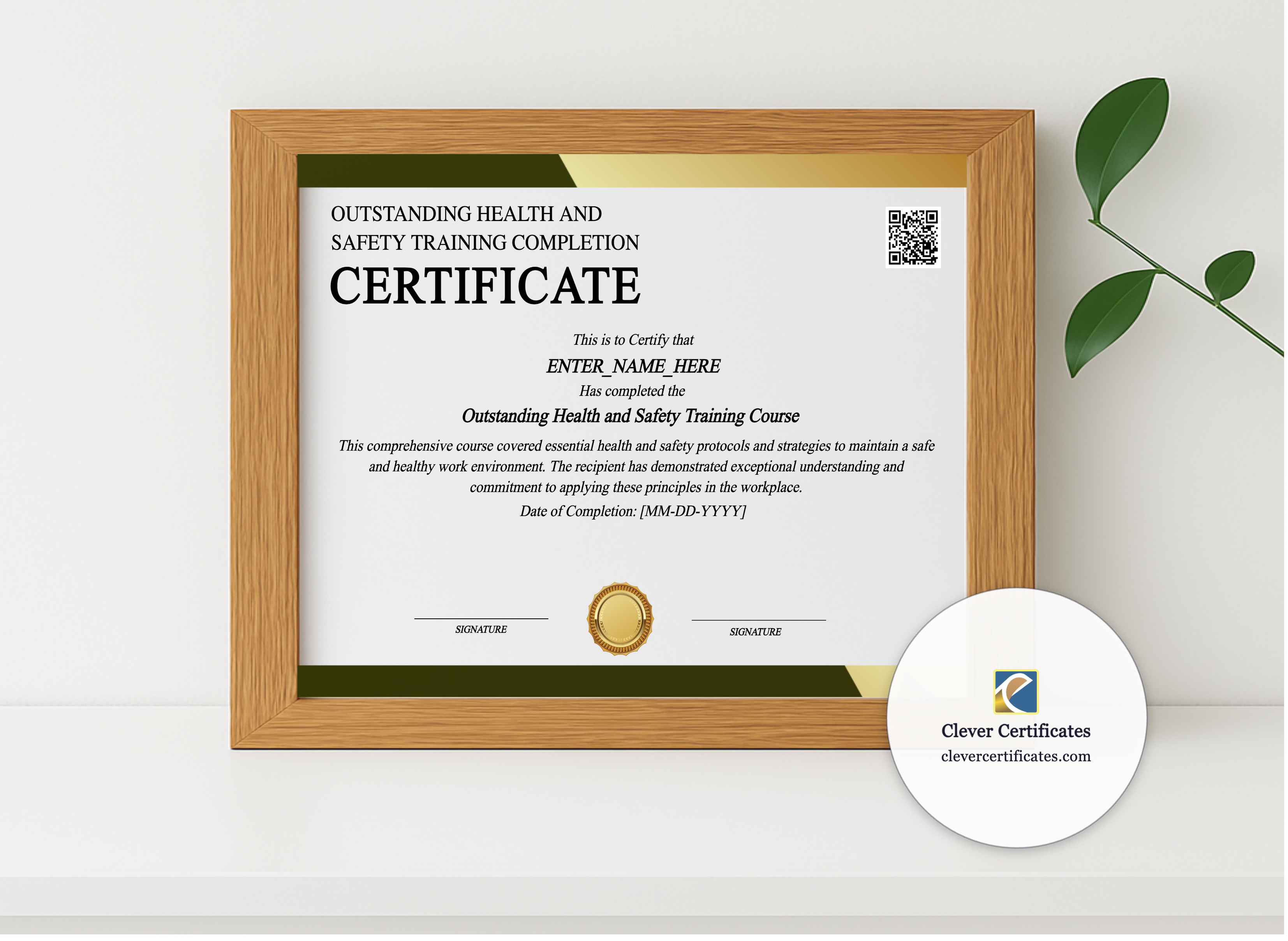 Realistic mockup featuring Health And Safety Training Certificate displayed within a modern frame, set against a minimalistic background.