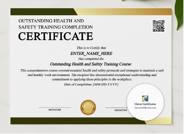 Health And Safety Training Certificate presented in a sleek wooden frame, elegantly arranged on a stylish table.